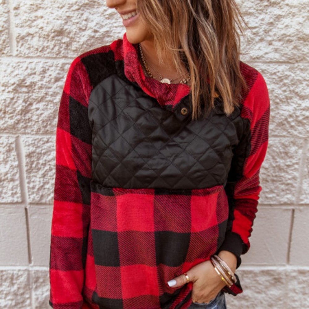 STATUS UPDATE RED PLAID ASYMMETRICAL PULLOVER - Picture 1 of 3